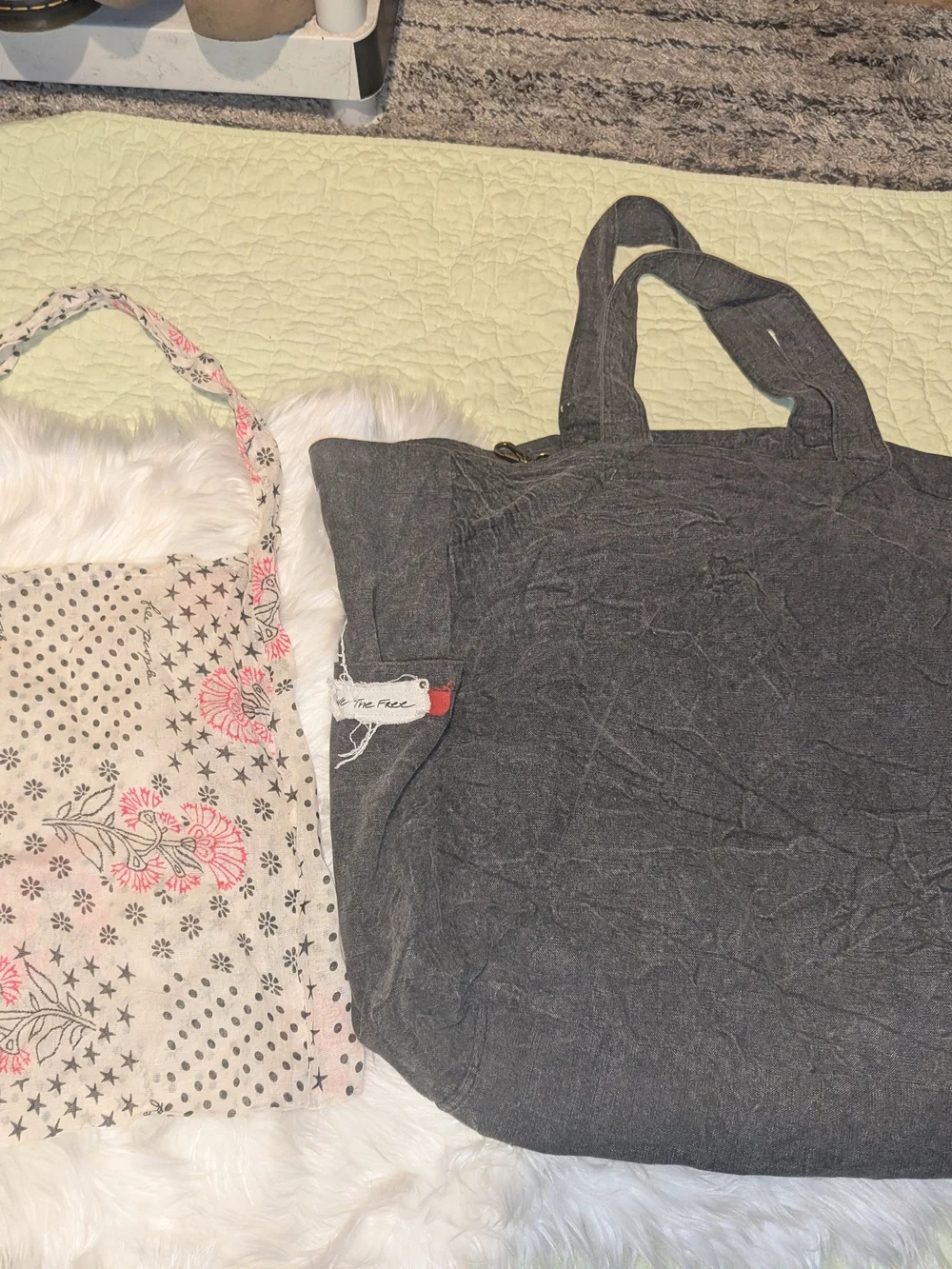 Free People Charcoal Gray Canvas Tote with Floral Cream Crossbody
